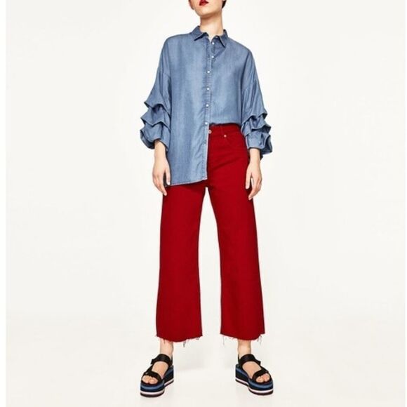 ZARA WOMAN Lyocell Chambray Ruffle Sleeve Top XS - Picture 1 of 8